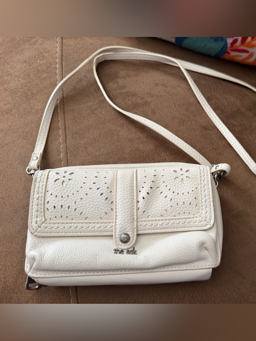 The Sak White Leather Perforated Flap Crossbody Bag
